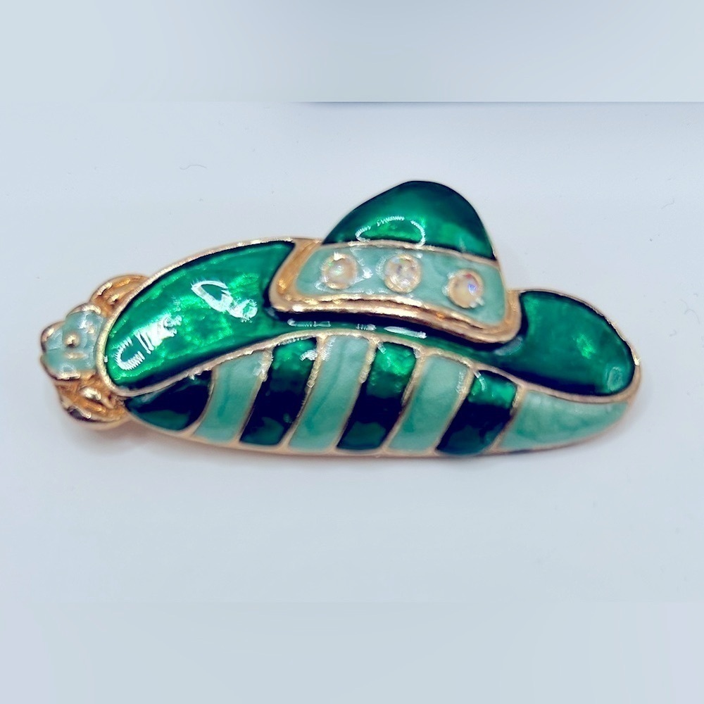 Vintage 14k Layered Gold Victorian Style Hat Brooch Green and Gold Pin - Picture 3 of 7